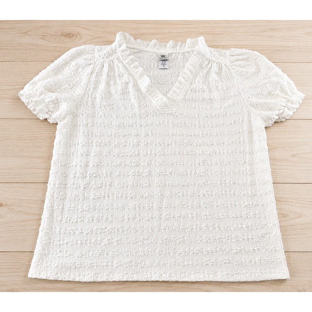 Wrapper White Crinkle Seersucker V-Neck Ruffle Blouse Short Puff Sleeve XL 3759